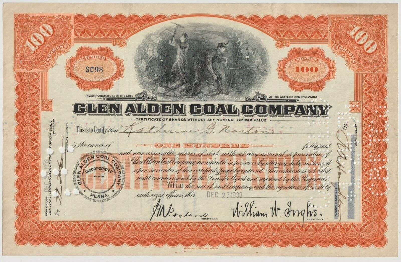 Glen Alden Coal Company Stock Certificate Pennsylvania Orange