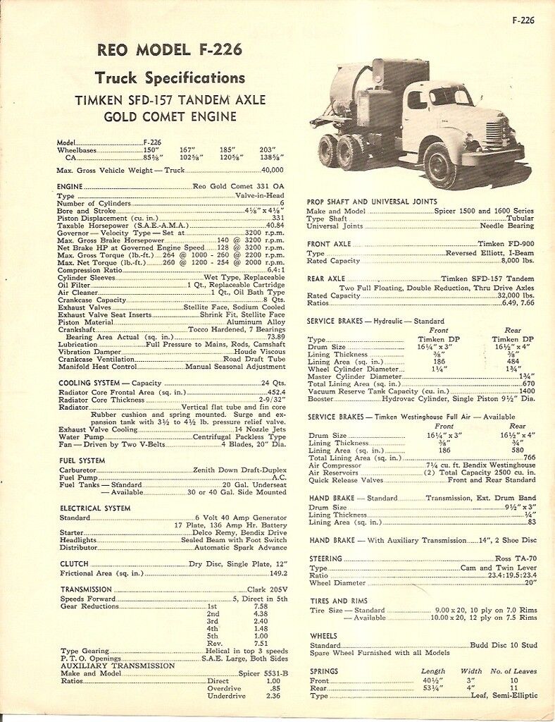 Truck Brochure - Reo - F-226 - Timken Tandem Axle Gold Comet Engine 1951 (tb527)