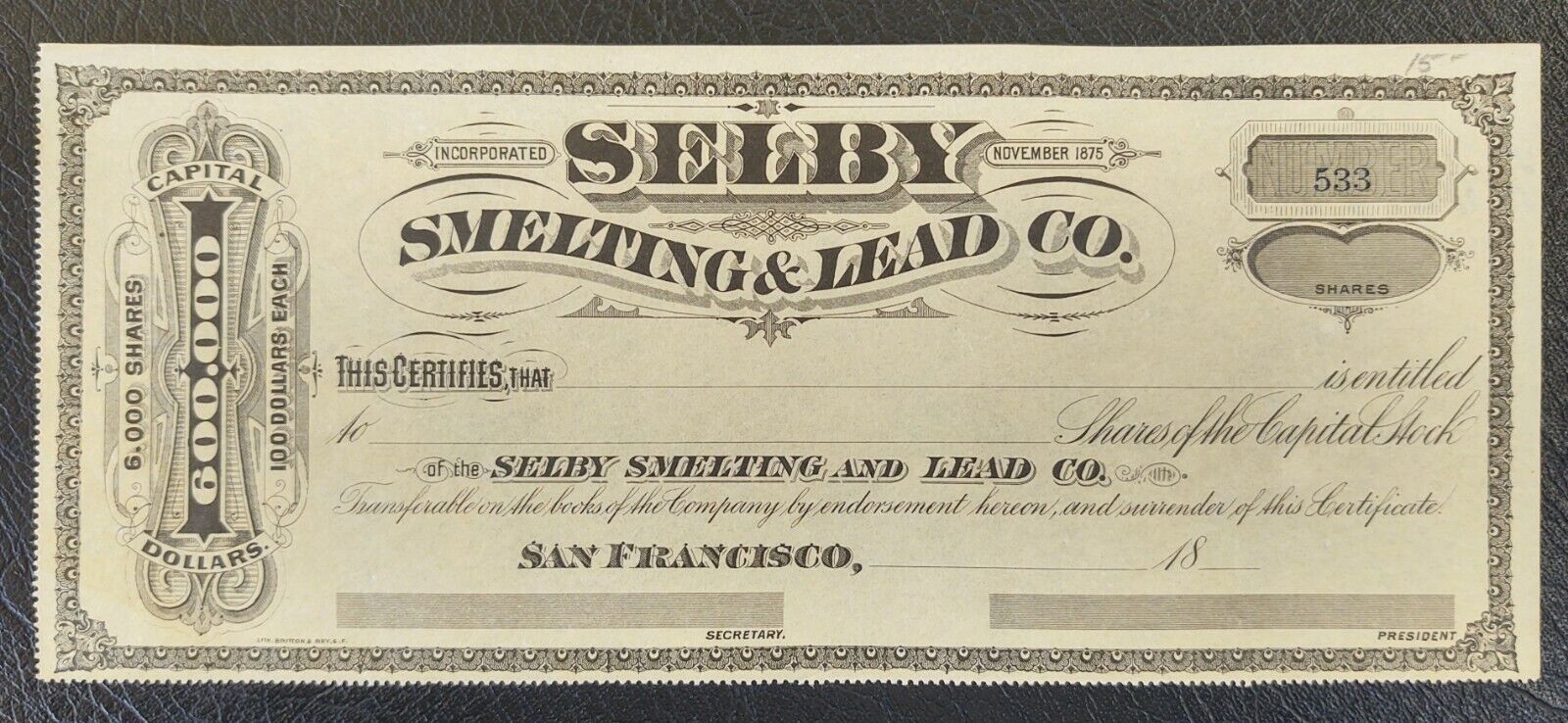 1875-1899 Selby Smelting & Lead Co. Stock Certificate San Francisco