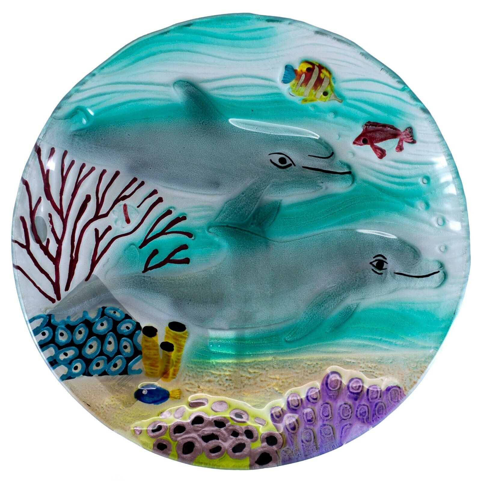 Handcrafted Fused Glass Dolphins With Fish Plate 8" New! Decorative & Food Safe