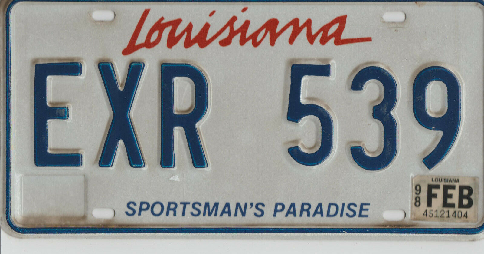 1998 Louisiana Embossed License Plate Exr 539 $15.99 No Reserve!
