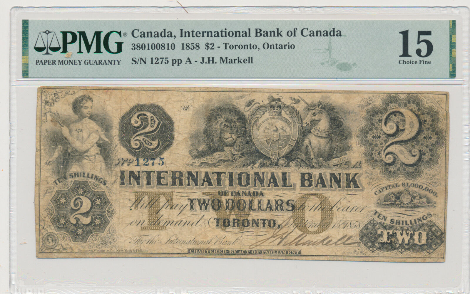 International Bank Of Canada 2 Dollars 1858 1275 - Pmg 15 Coice Fine