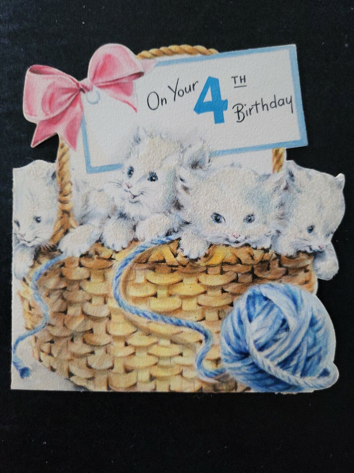 Vtg Hallmark Birthday Greeting Card Diecut White Kittens Cats Basket Yarn Flock