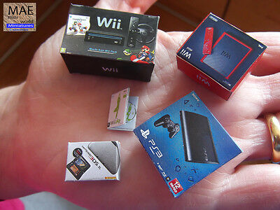 Set Videogame Console Box Miniature. Wii & Mini, 3ds Xl, Ps3 + Game. Scale 1/12