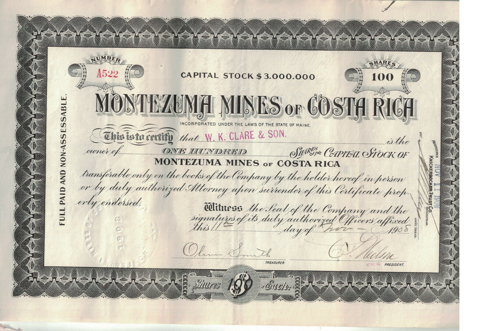 Montezuma Mines Of Costa Rica. 100 Share Capital Stock Certificate 1908