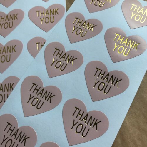 50 Heart Thank You Stickers On Glossy Pastel Pink Paper With Gold Lettering