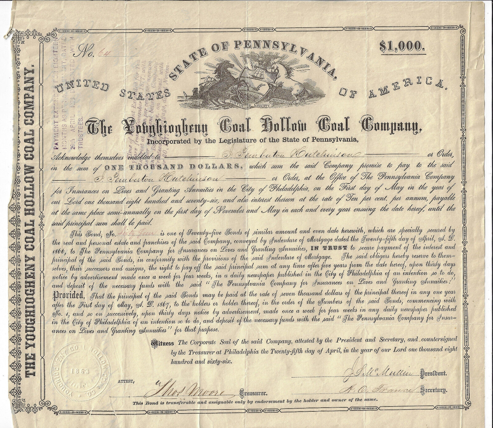 Pennsylvania 1866 Youghiogheny Coal Hollow Coal Company Bond Certificate #64