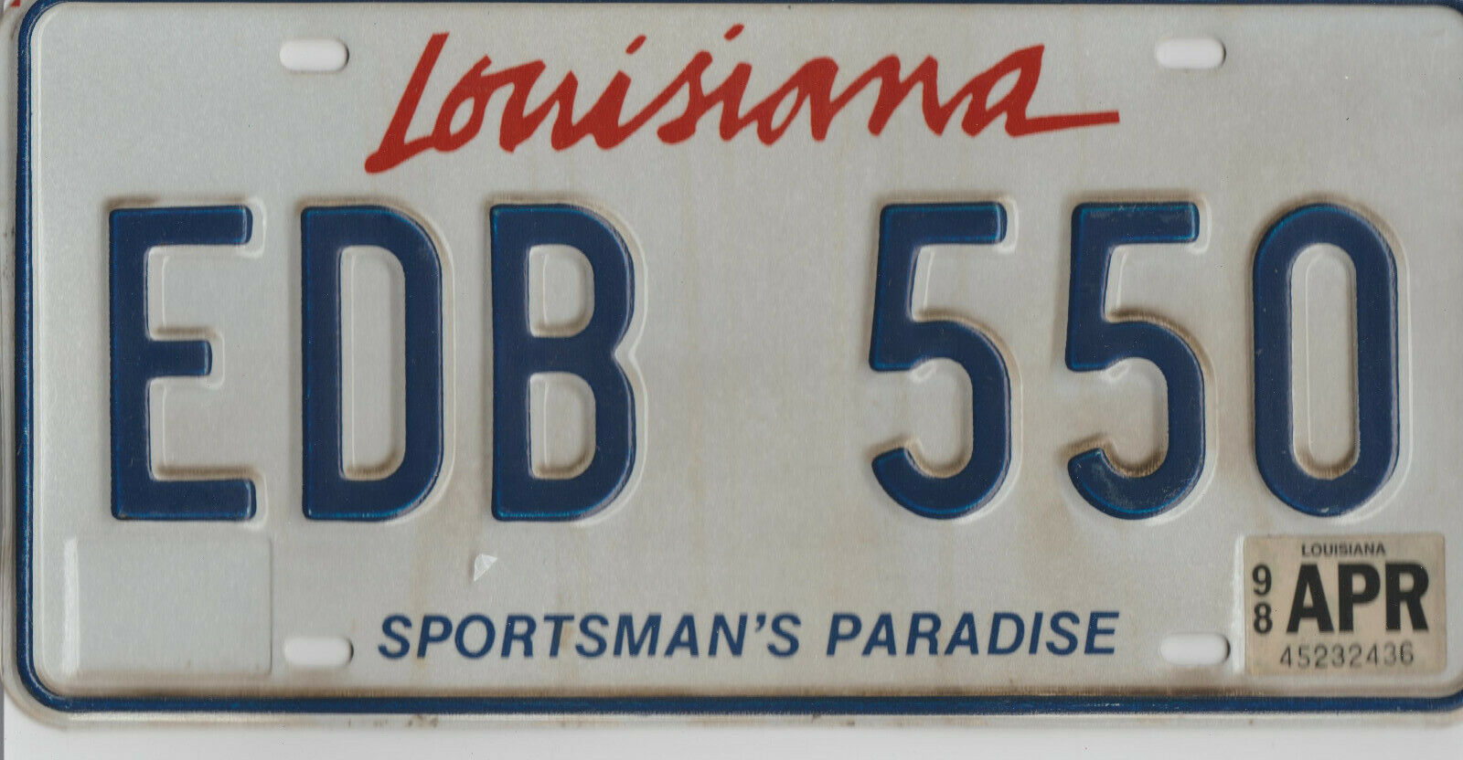 1998 Louisana Embossed License Plate Edb 550.  It Expired In 4/1999.