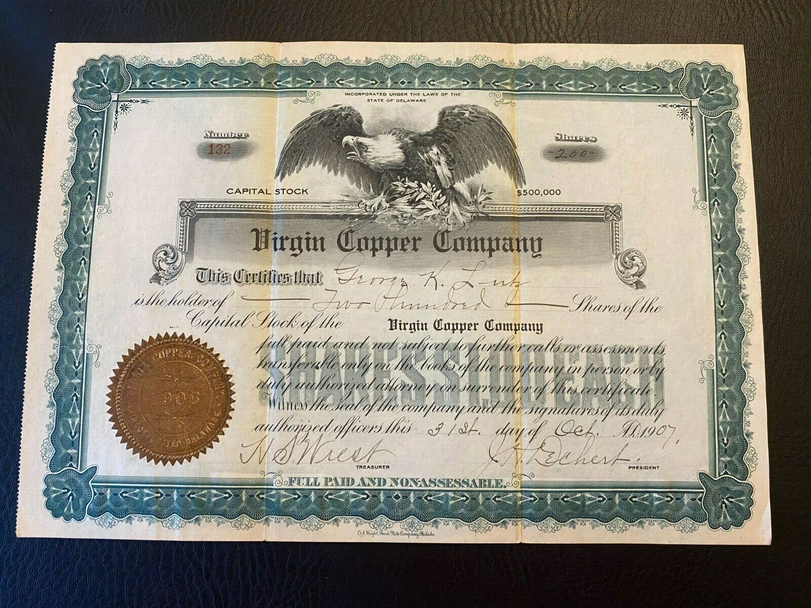 1907 Virgin Copper Company Stock Certificate Blue Ridge Mountains, Pa