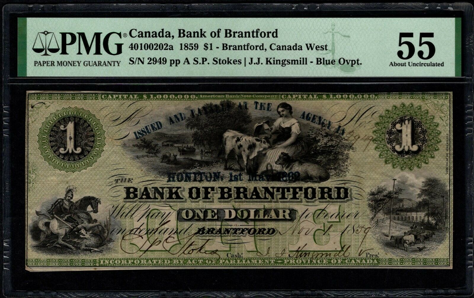 1859 $1 Canada, Bank Of Brantford, Canada West Pmg 55 Cat.40100202a