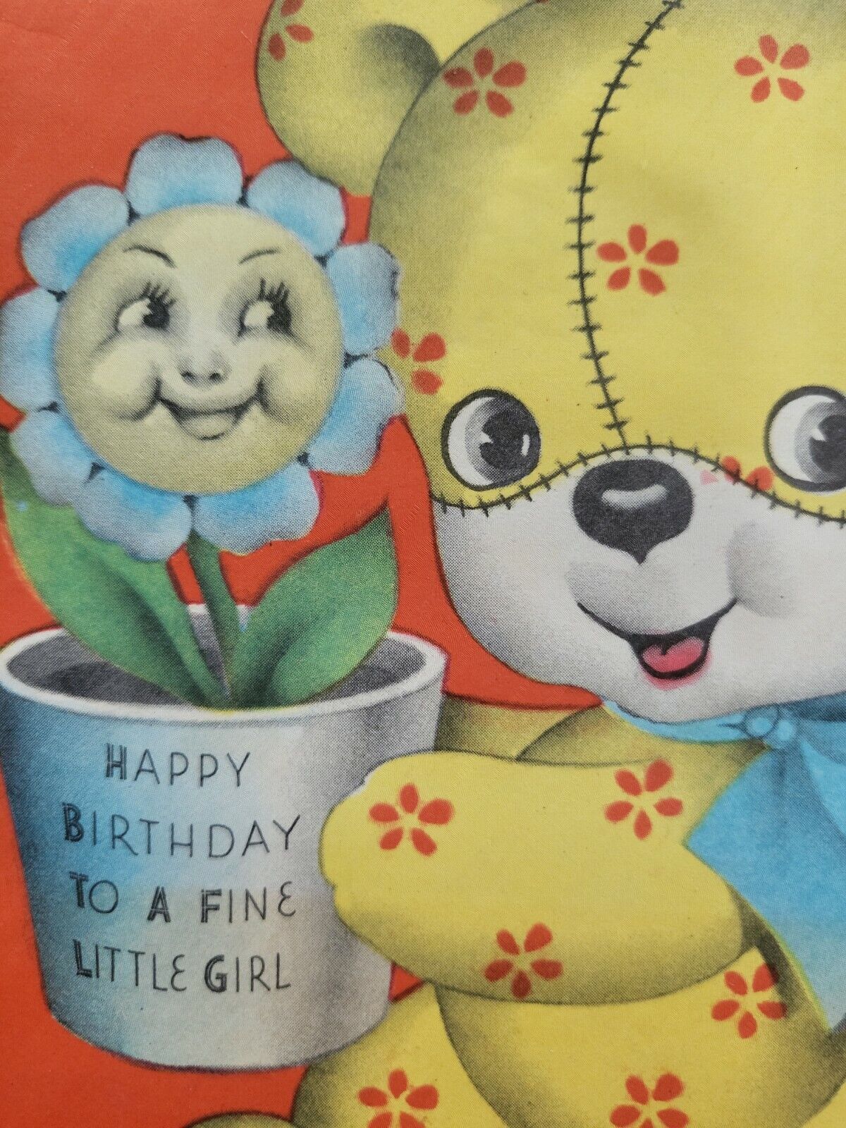 Vtg Birthday Greeting Card Anthropomorphic Flower Teddy Bear Calico Daisy 40s