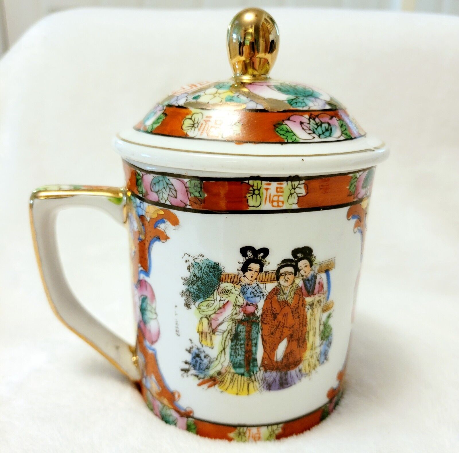 Chinese Tea Cup Hand Painted Red 3 Women Floral Gold Trim With Lid Preowned