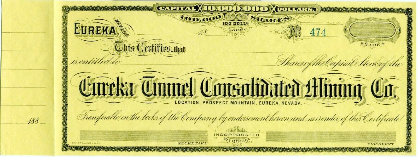 Stock Certificate – Nevada – Eureka Tunnel Con’d Mining Co. Ca. 1884