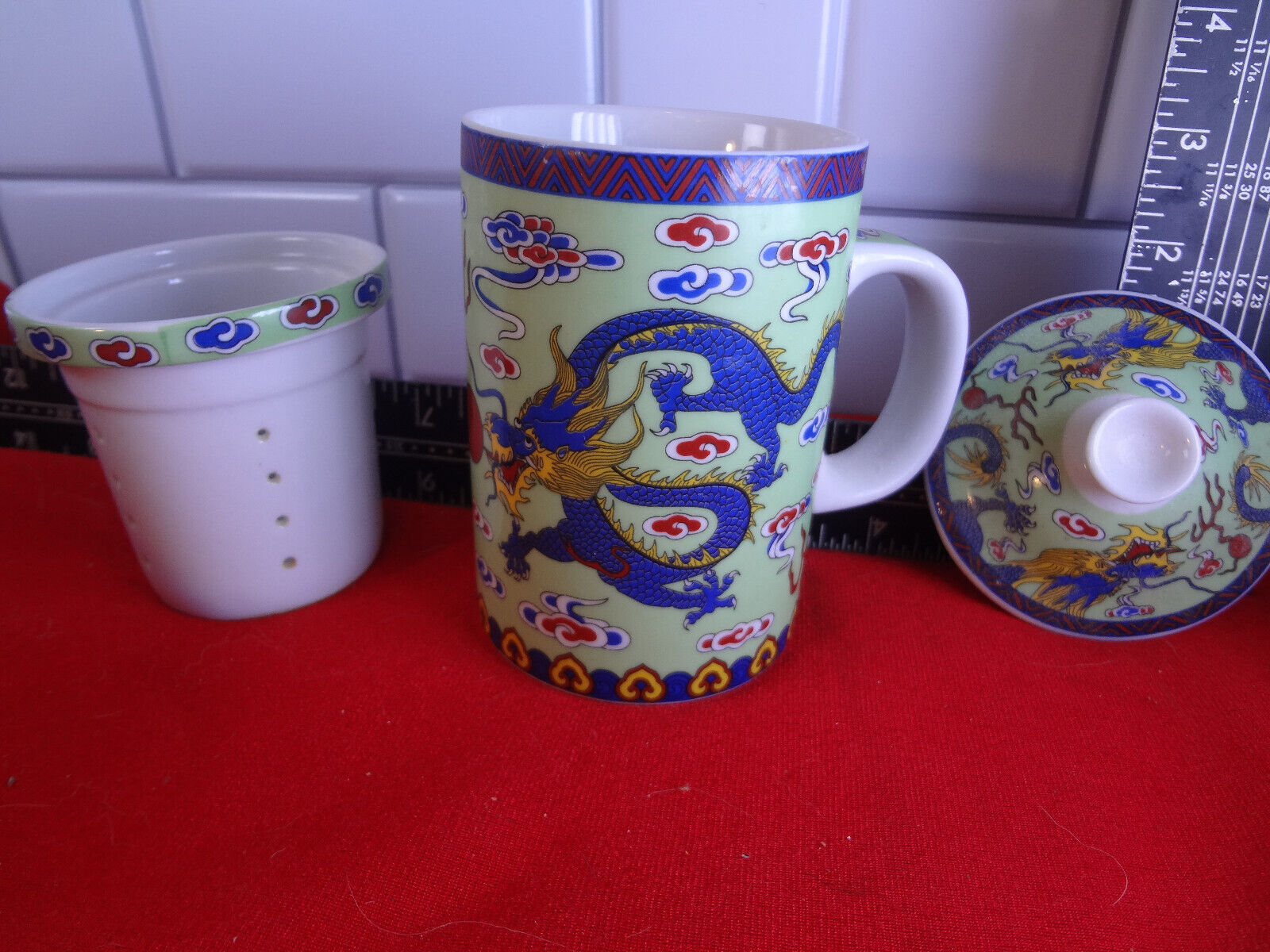 Oriental Green Dragon Tea Cup Mug Infuser Strainer & Lid 12 Oz Stoneware Mg97