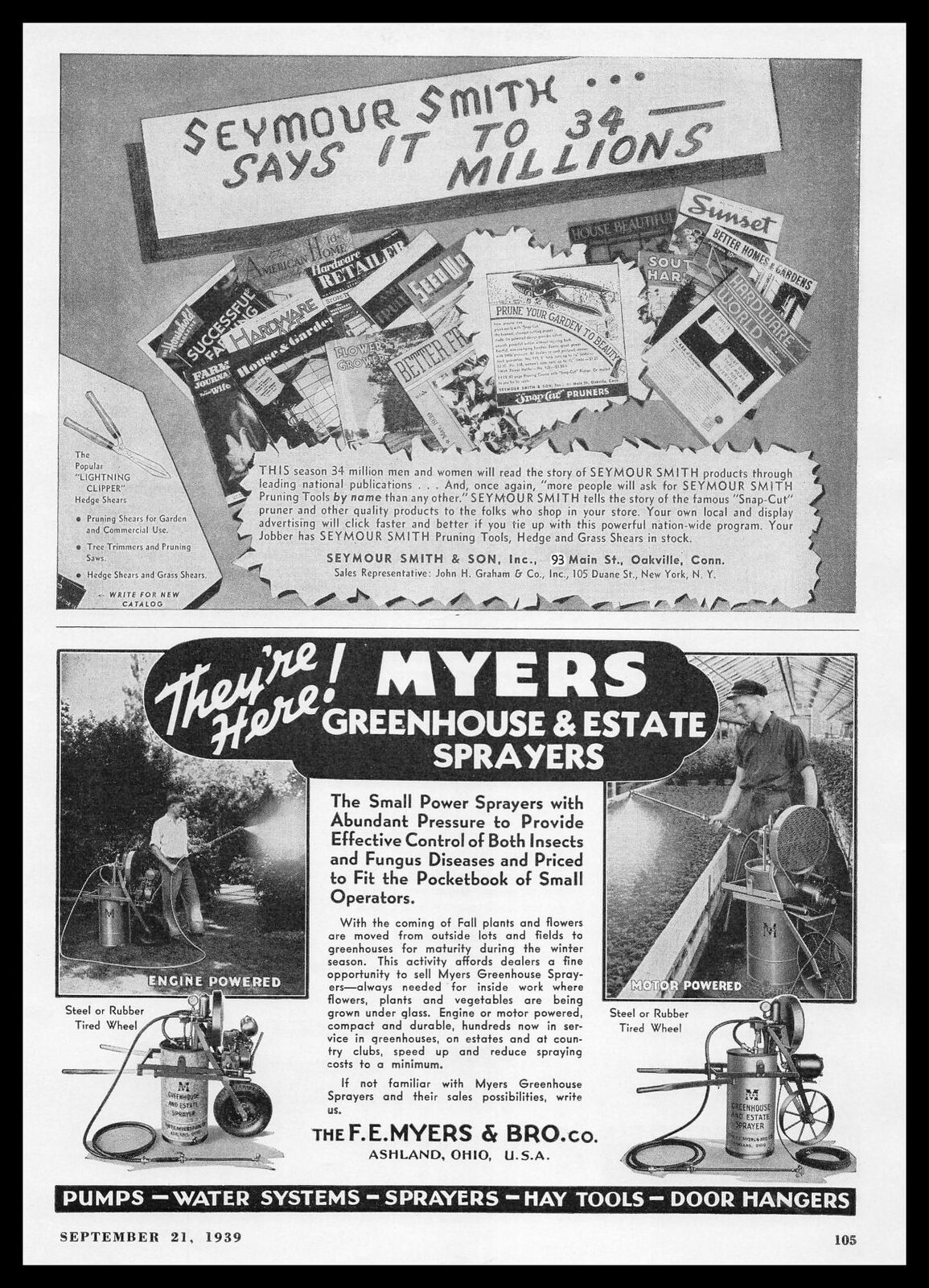 1939 F.e. Myers & Brothers Company Greenhouse & Estate Sprayers Vintage Print Ad