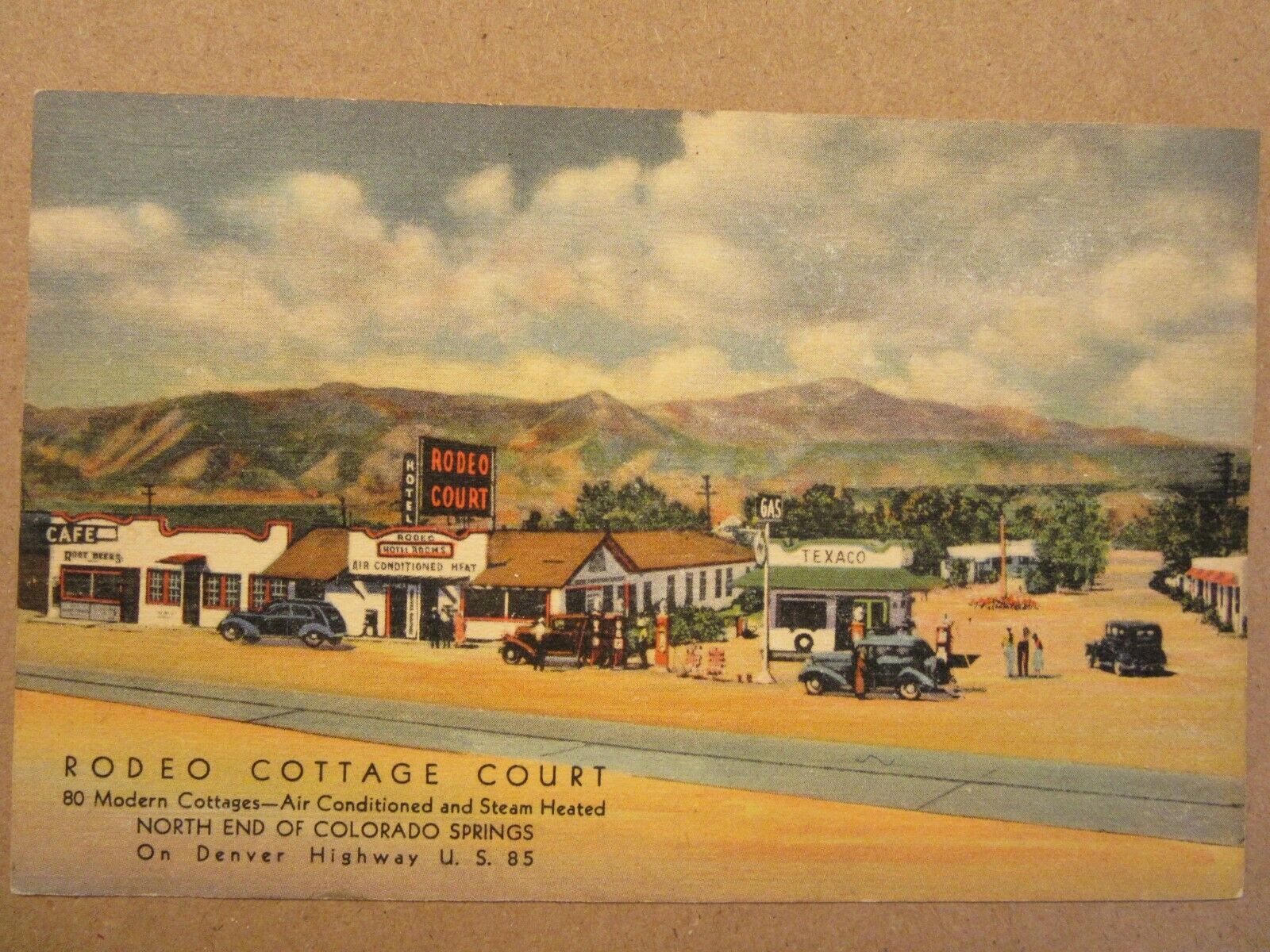 1937 Rodeo Cottage Court & Texaco Gas, Colorado Springs, Co. 5 1/2" X 3 1/2"