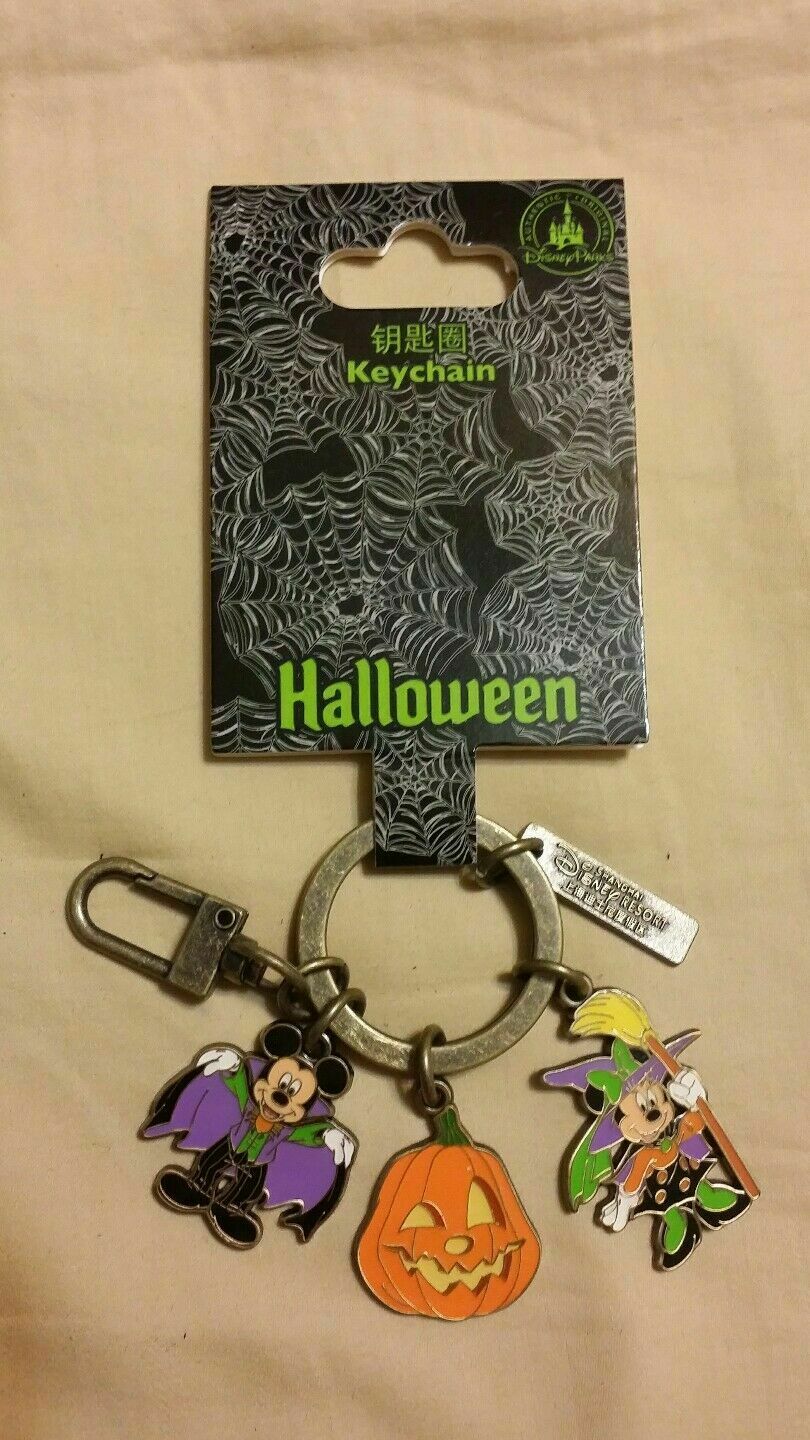 Disney Parks Halloween Mickey Minnie Pumpkin Dangle Deluxe Keychain Keyring Nwt