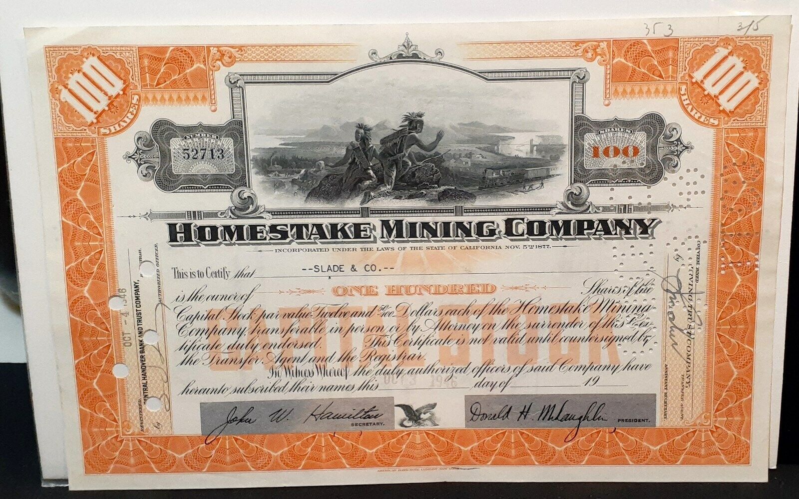 Homestake Mining Company Issued Capital Stock Certificate - Number 52713