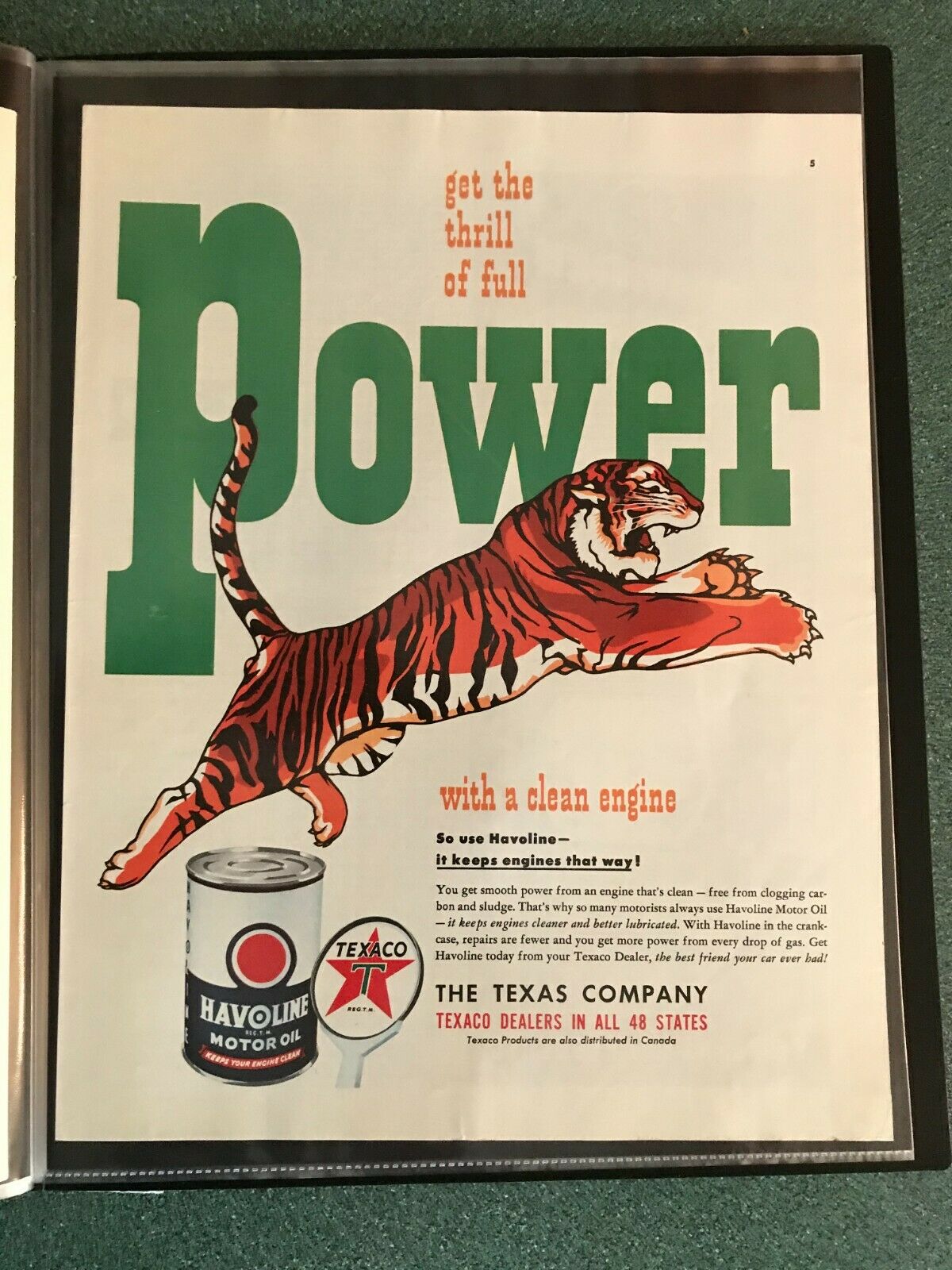 Texaco Sky Chief Havoline Oil  Ad Original 1949 With Jumping Tiger