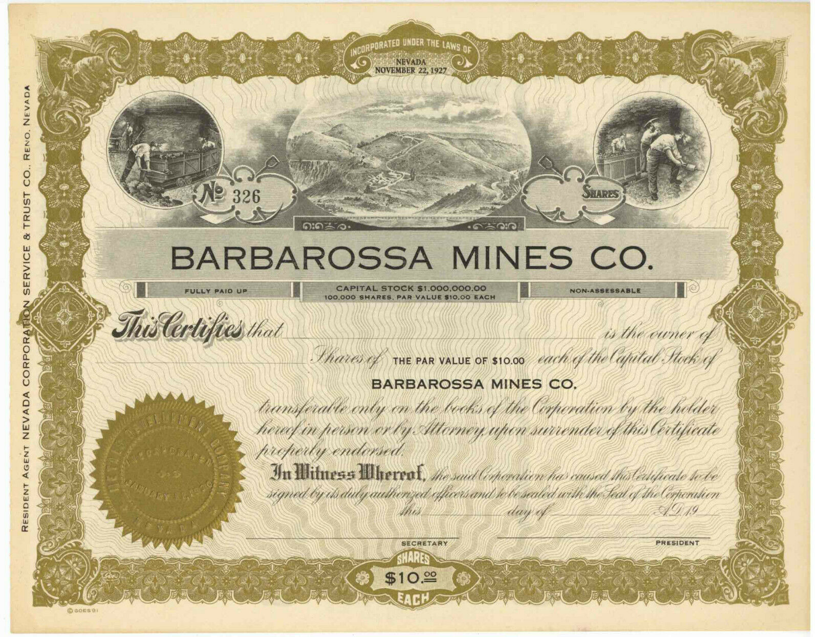 Barbarossa Mines Co. Stock Certificate. Nevada