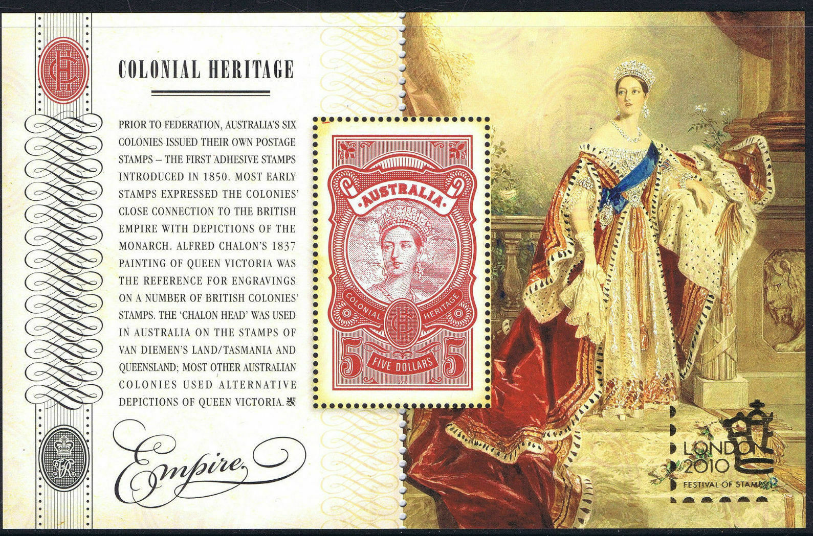 2010 - Australia - Colonial Heritage: Empire $5 Mini-sheet - London Overprint Ms