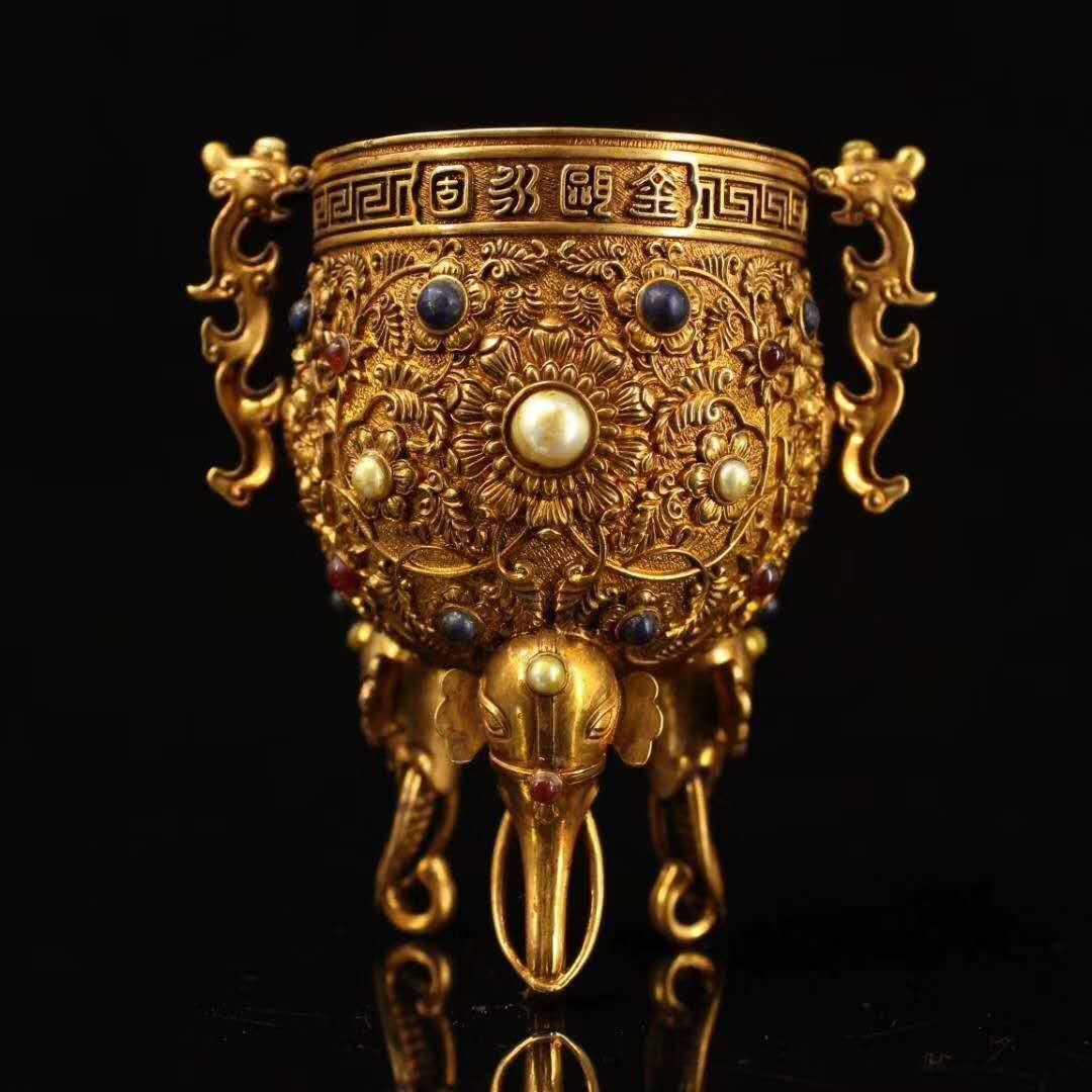 Qing Dynasty Old Copper Handcrafted Build Gold-plated Gemstones Wine Glass