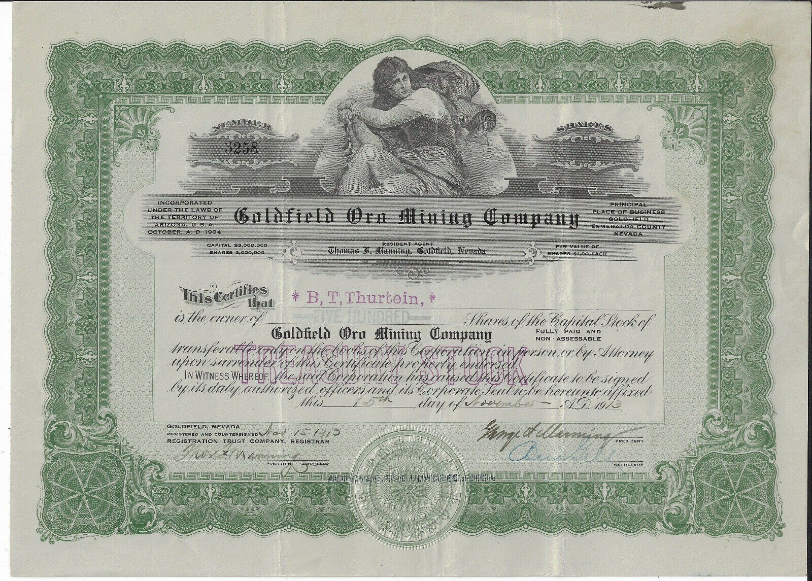 Nevada 1913 Goldfield Oro Mining Company Stock Certificate Goldfield
