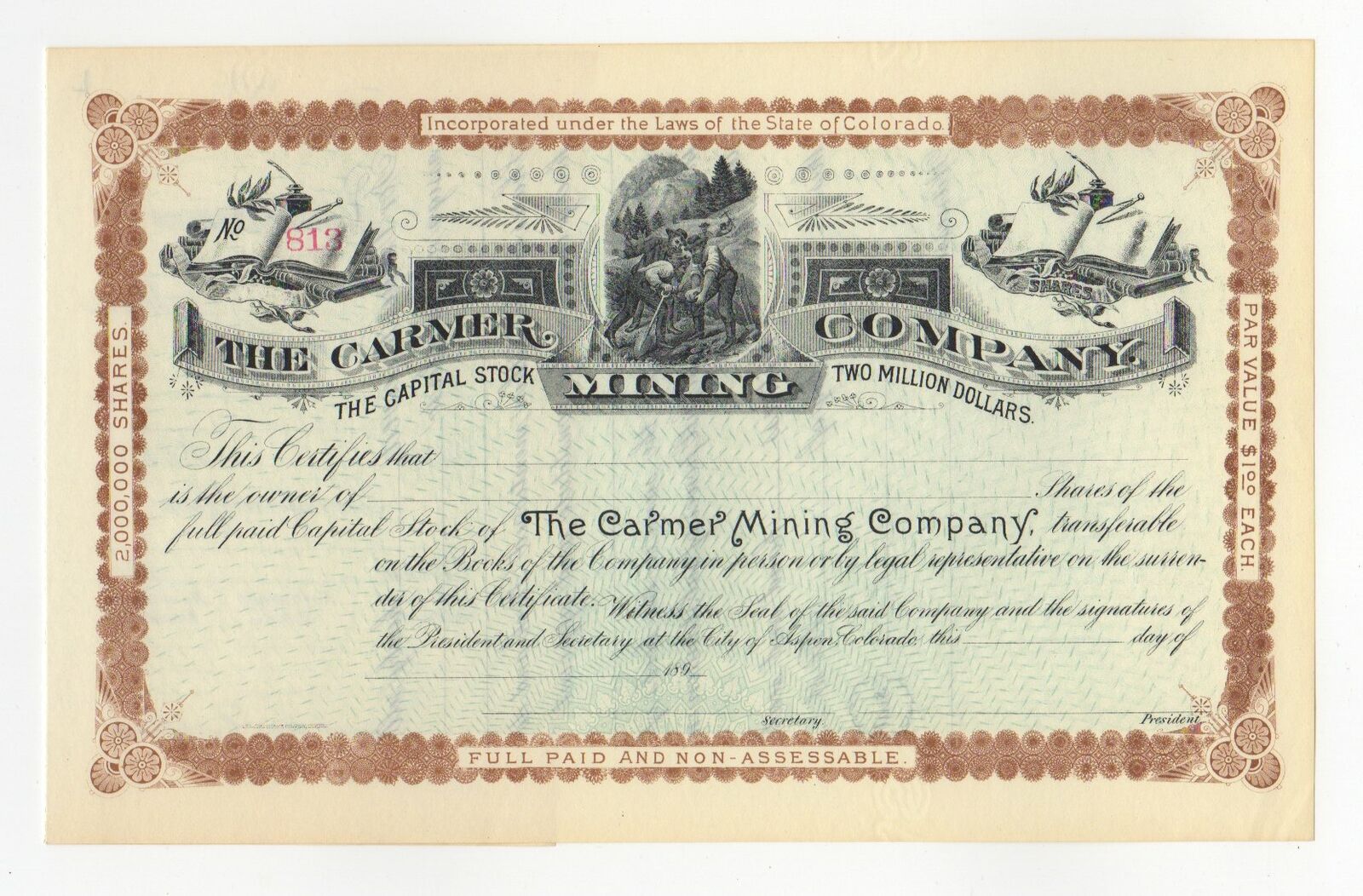 1890's The Carmer Mining Company Stock Certificate - Aspen Colorado