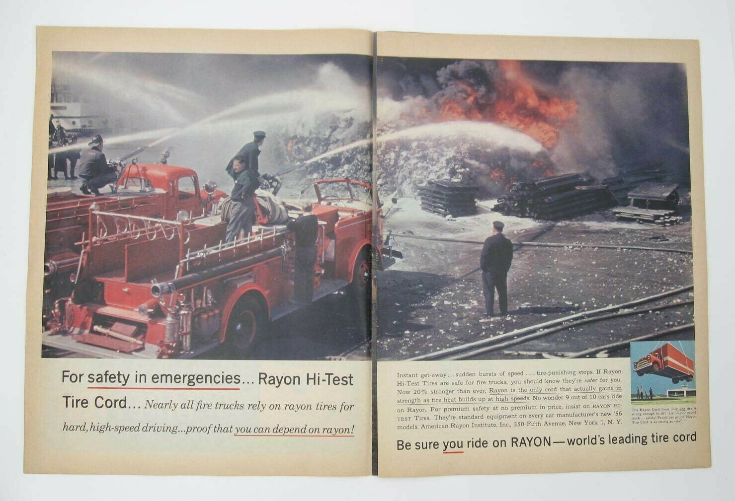 1956 Texaco Texamatic Fluid, Rayon Firefighter Putting Out Fire Print Ads (b1)