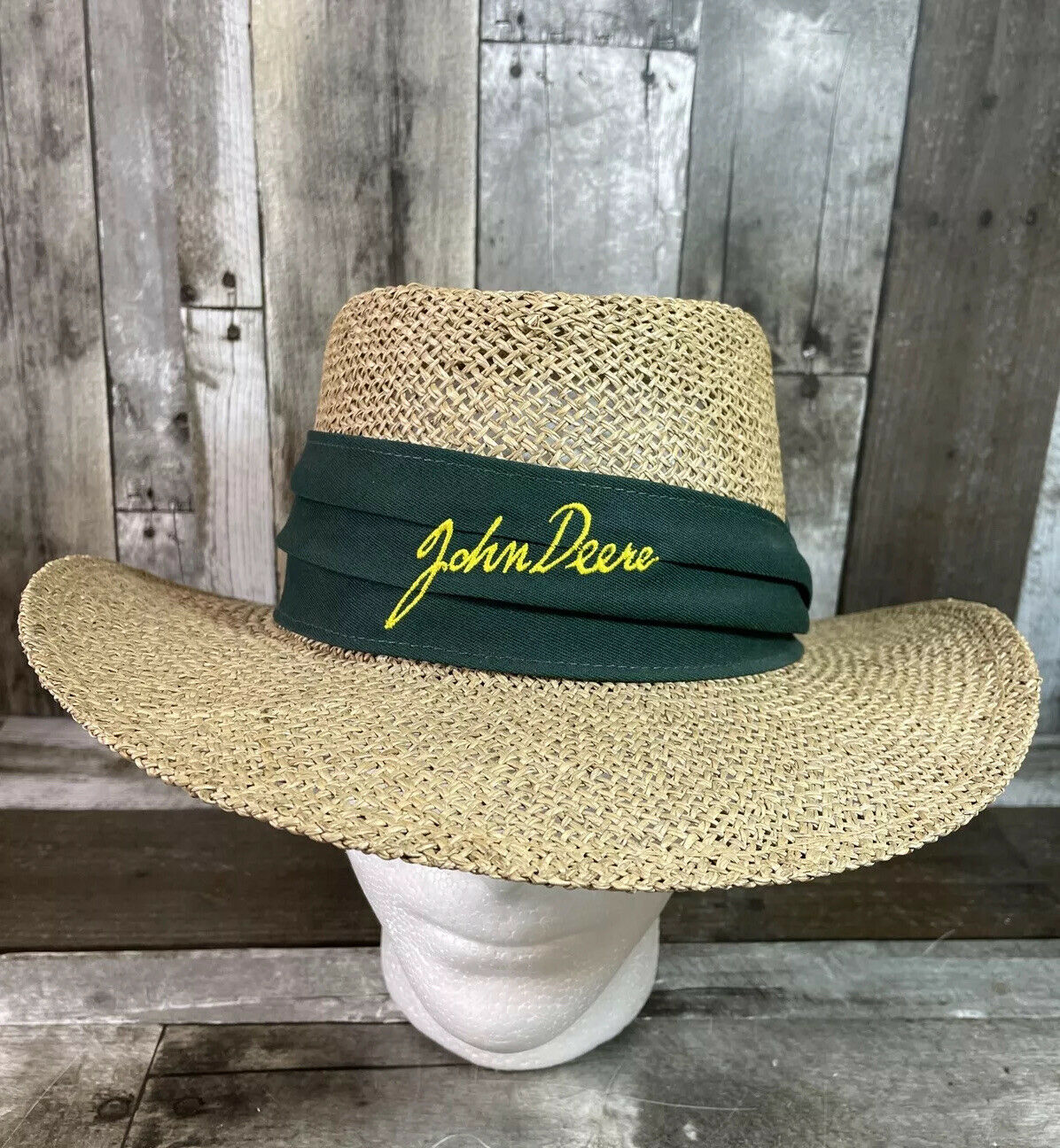 Vintage John Deere Woven Straw Hat Made In The U.s.a Embroidered Logo Green Band