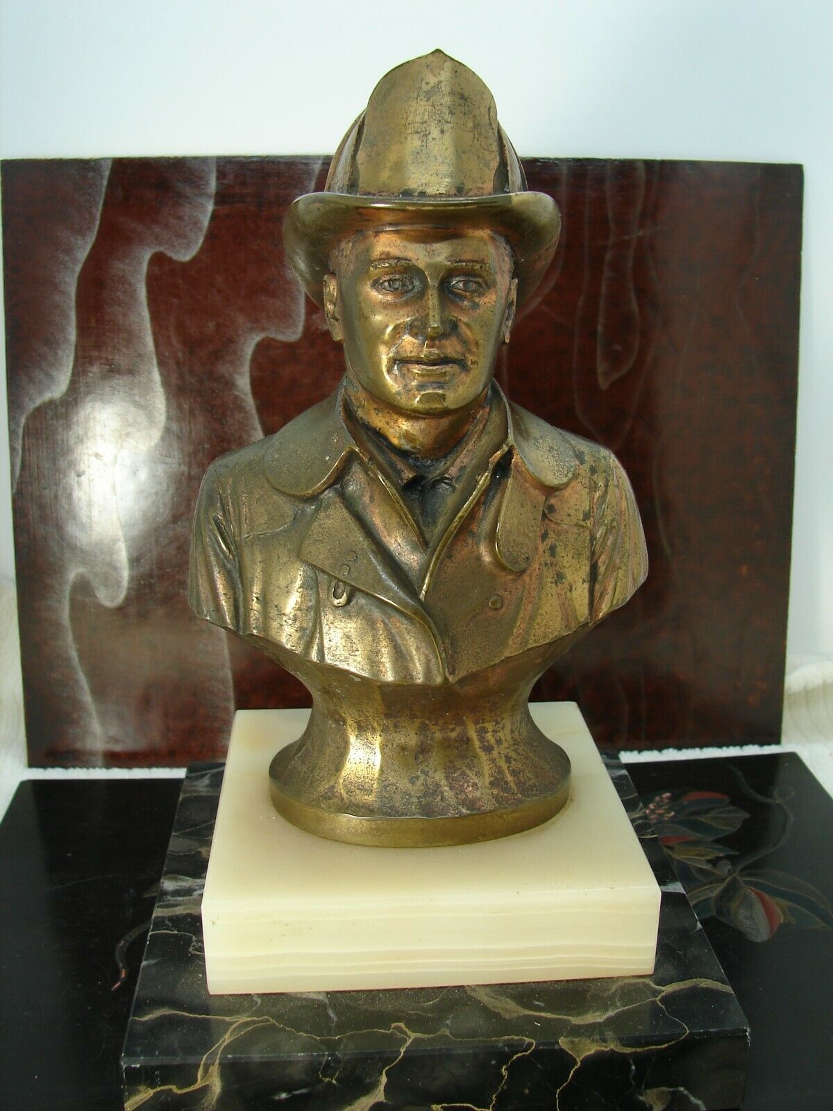 Vintage Bronze Bust Casting Of Fire Fighter Chief With Marble Base El1