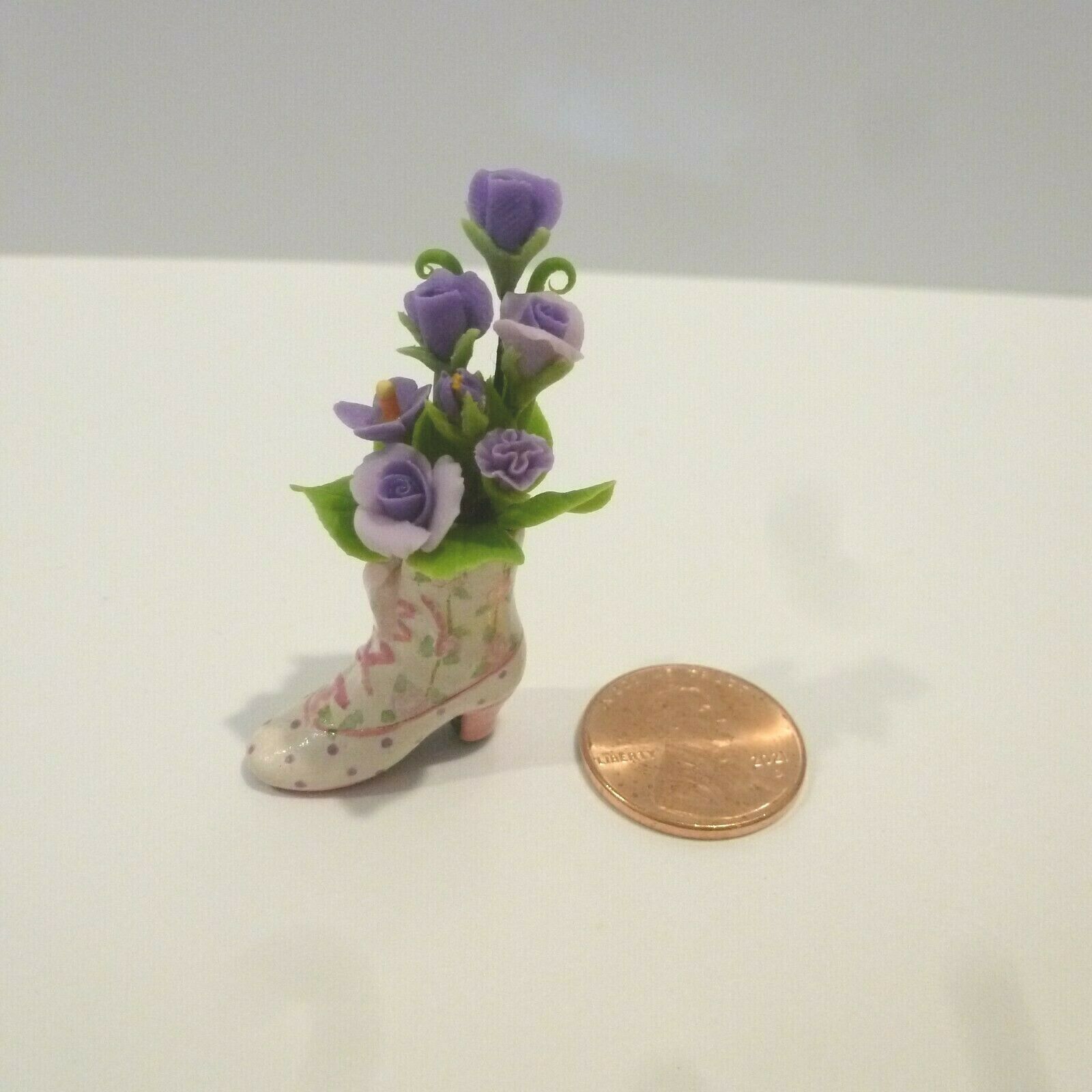 Dollhouse Miniature Castladies Short Boot Filled With Purple Flowers