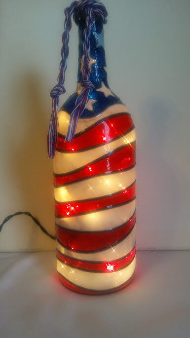 American Flag Bottle Lamp Hand Painted Lighted Stained Glass Look