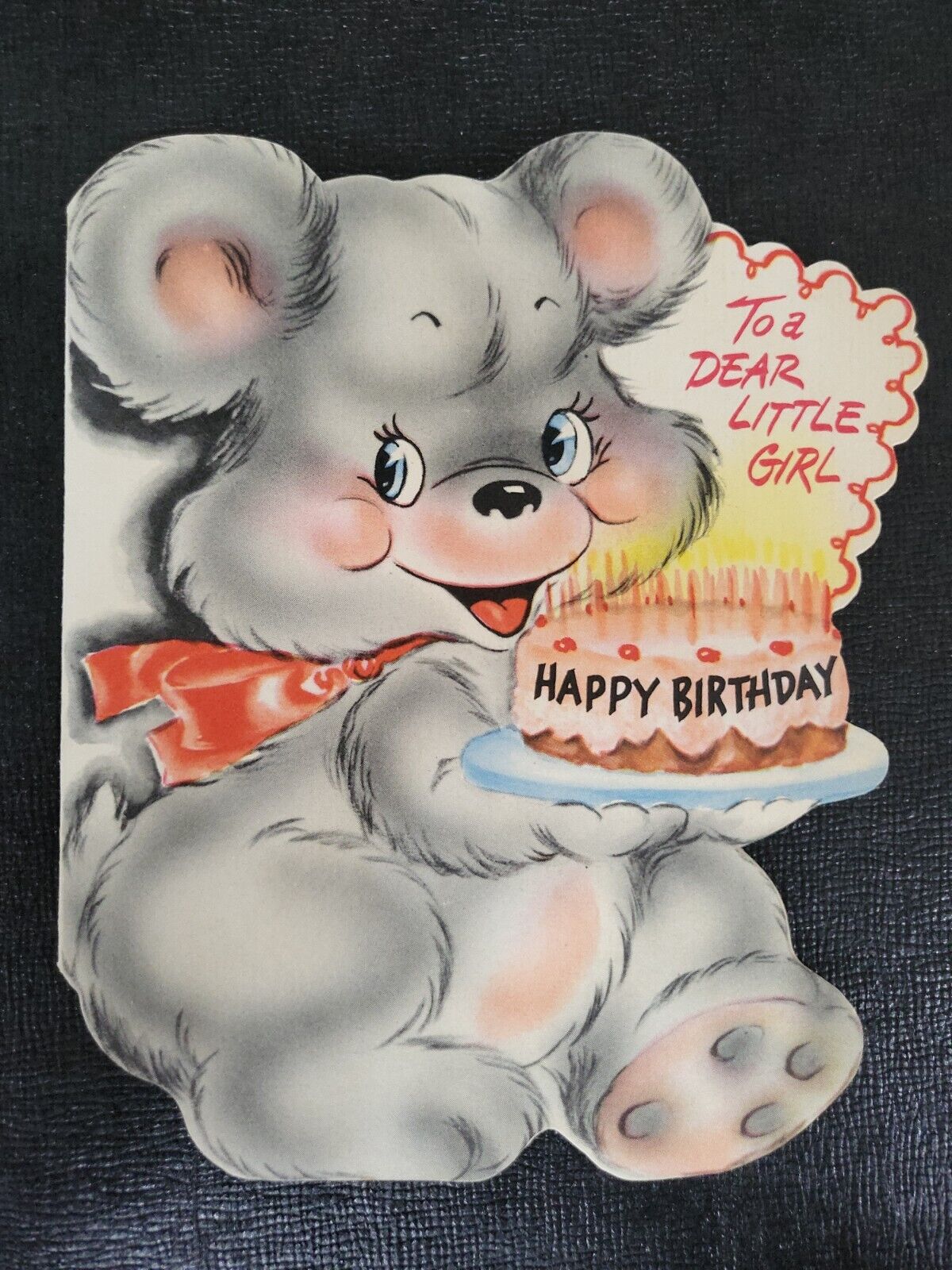 Vtg Birthday Greeting Card Sweet Bear Cake Candles To A Dear Little Girl 40s