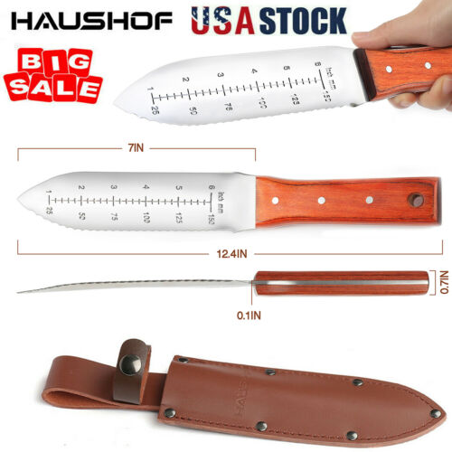 Haushof Hori Hori Garden Knife Weeding Digging Tool 7" Blade With Leather Sheath