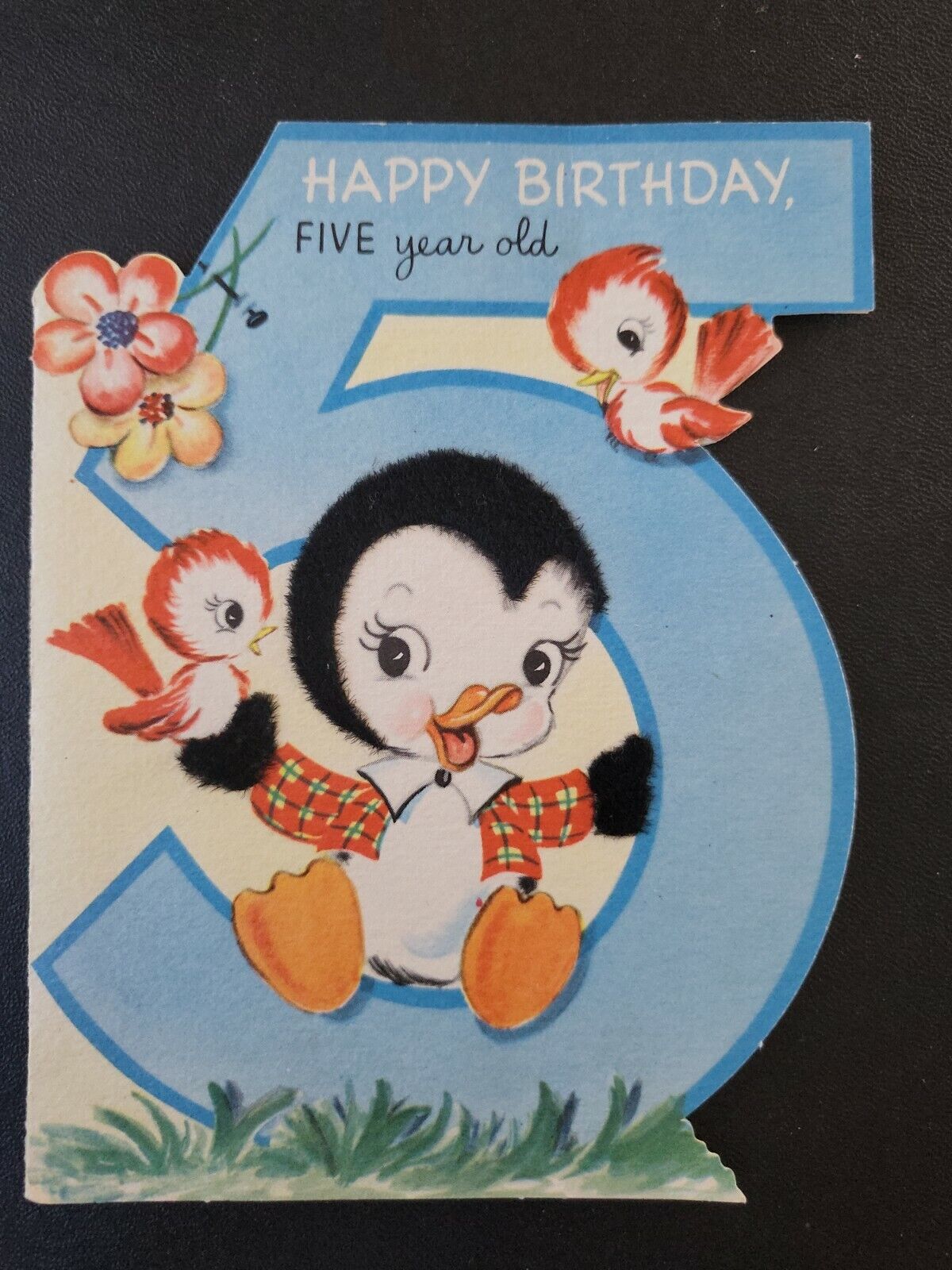 Vtg Birthday Greeting Card Black White Duck Flocked Red Birds 5 Yr Forget-me-not
