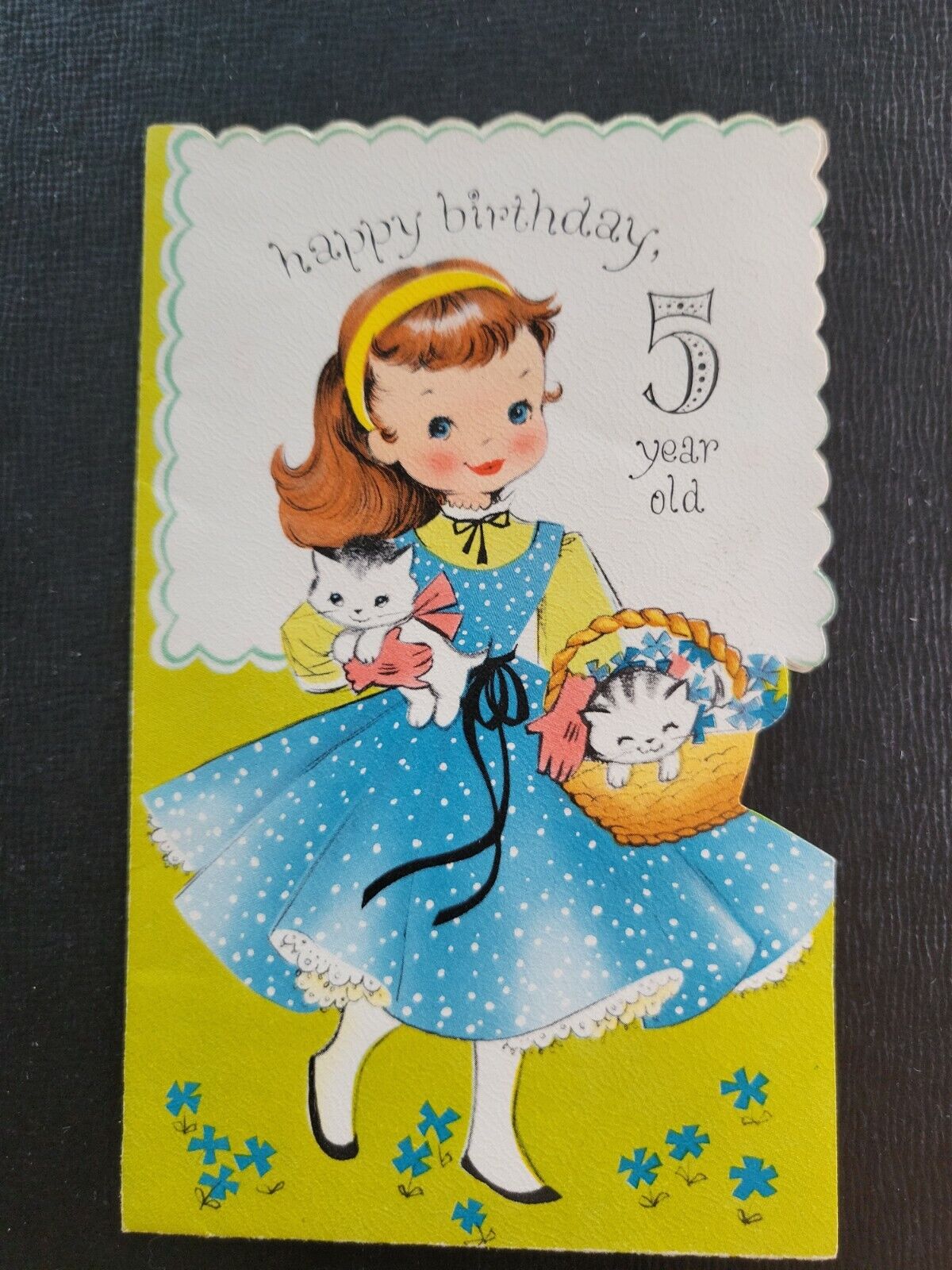 Vtg Birthday Greeting Card Girl Polka-dot Dress Kittens Baket 5 Yr Old Agc 50s