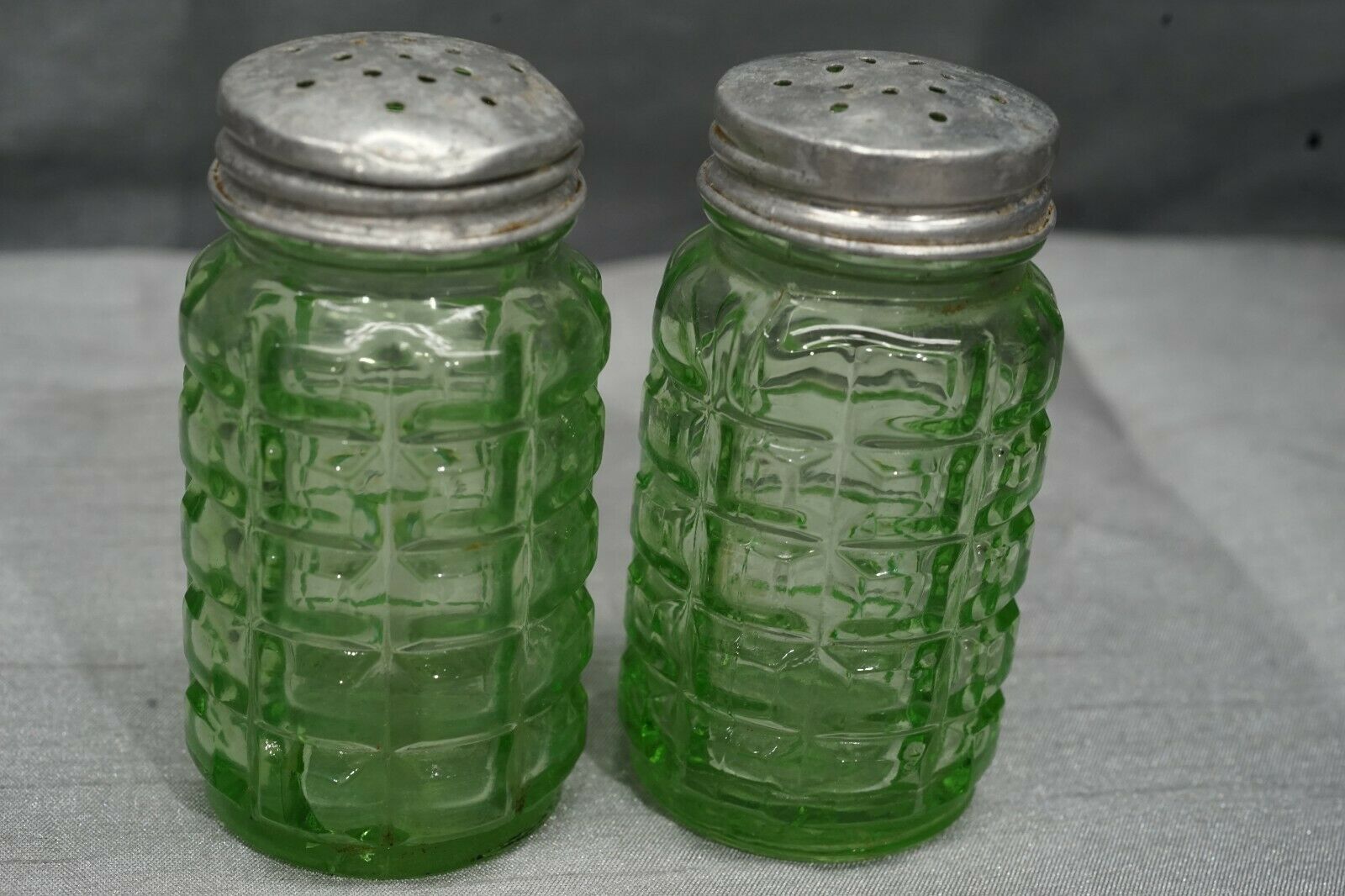 Vintage 1930's Depression Glass Anchor Hocking Vaseline Green Salt & Pepper Mcm