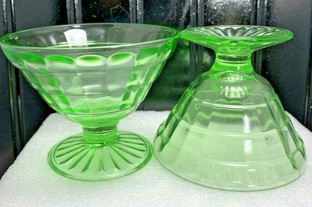 Vintage Green Depression Glass Block Optic Dessert Sherbet Cups  Uranium Glows