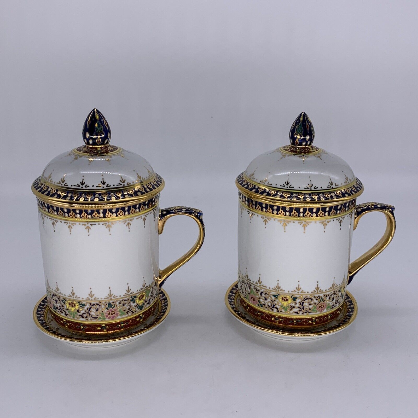 Lot Of 2 Thai Benjarong Hand Painted Porcelain Coffee/tea Set With Gold Accents