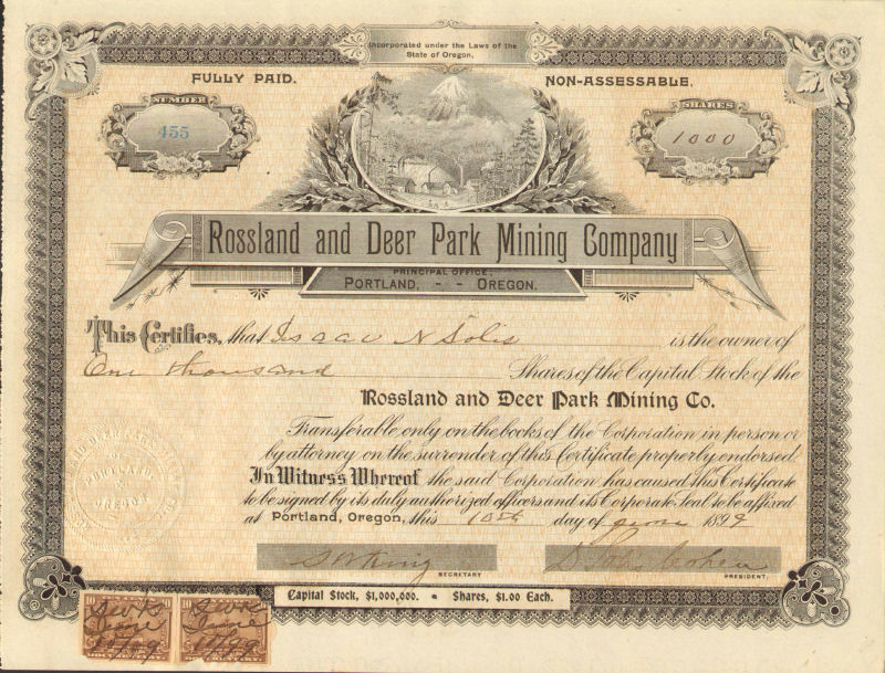 1899 Rossland And Deer Park Mining Company > Portland Oregon Stock Certificate