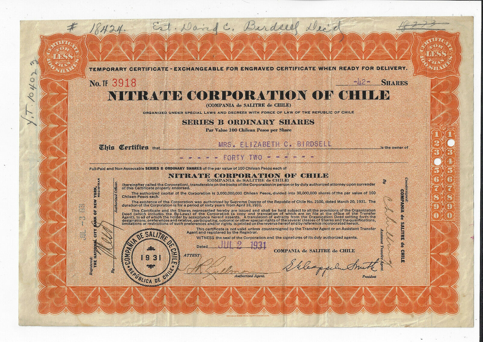 Chile 1931 Nitrate Corporation Of Chile Stock Certificate