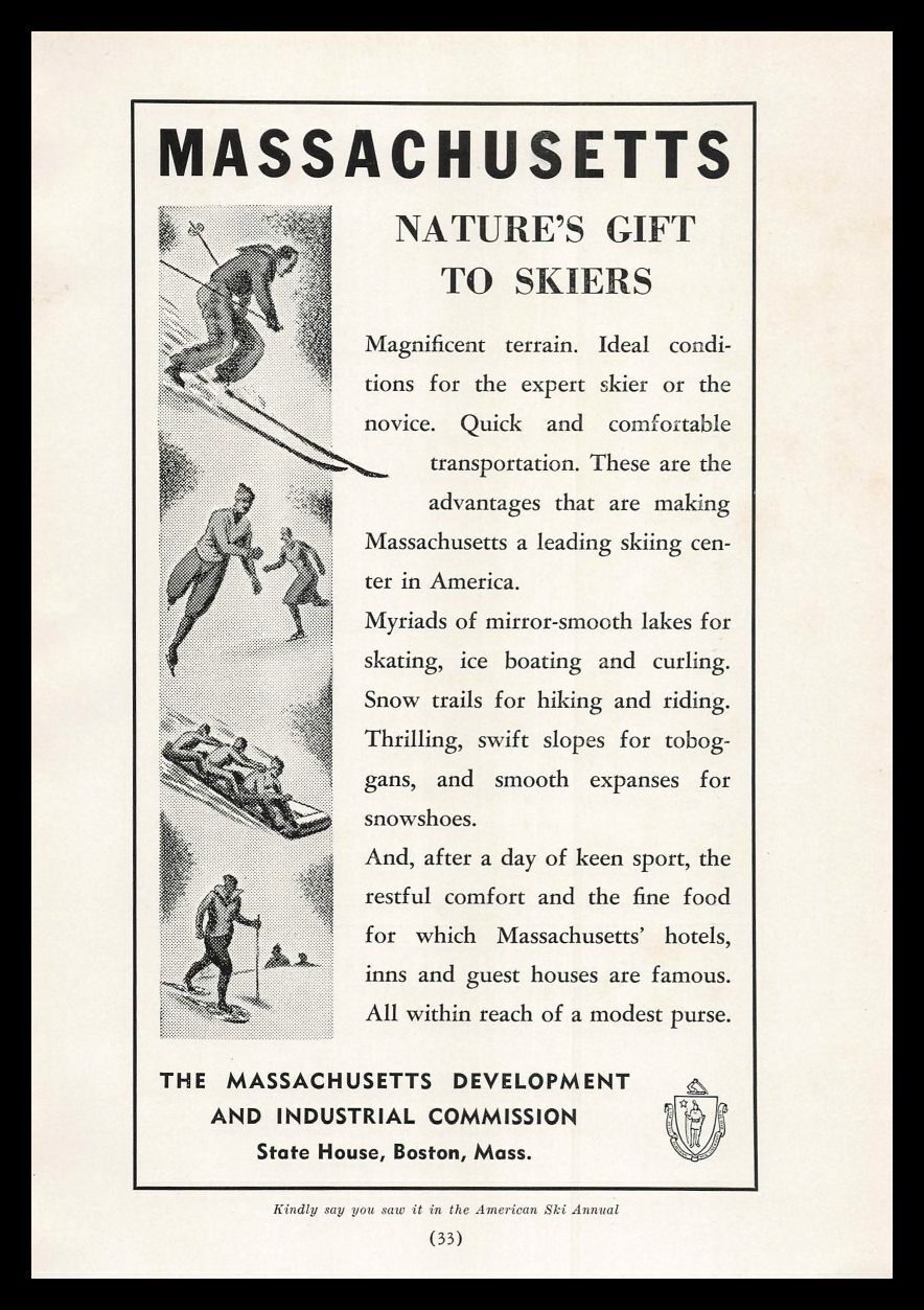 1938 Massachusetts Development & Industrial Commission Snow Ski Tourism Print Ad