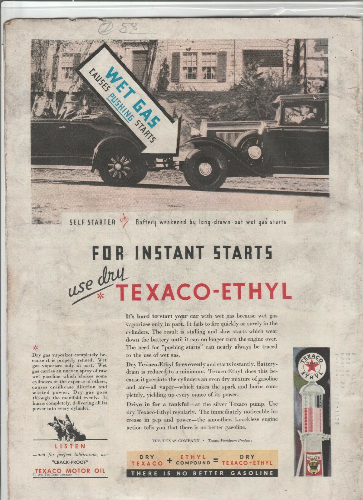 Original 1931 Texaco - Ethyl Magazine Ad 'for Instant Starts'