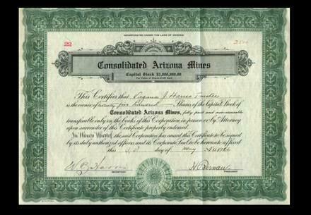 Stock Certificate 1926 Consolidated Arizona Mines See Photos Bx-53b