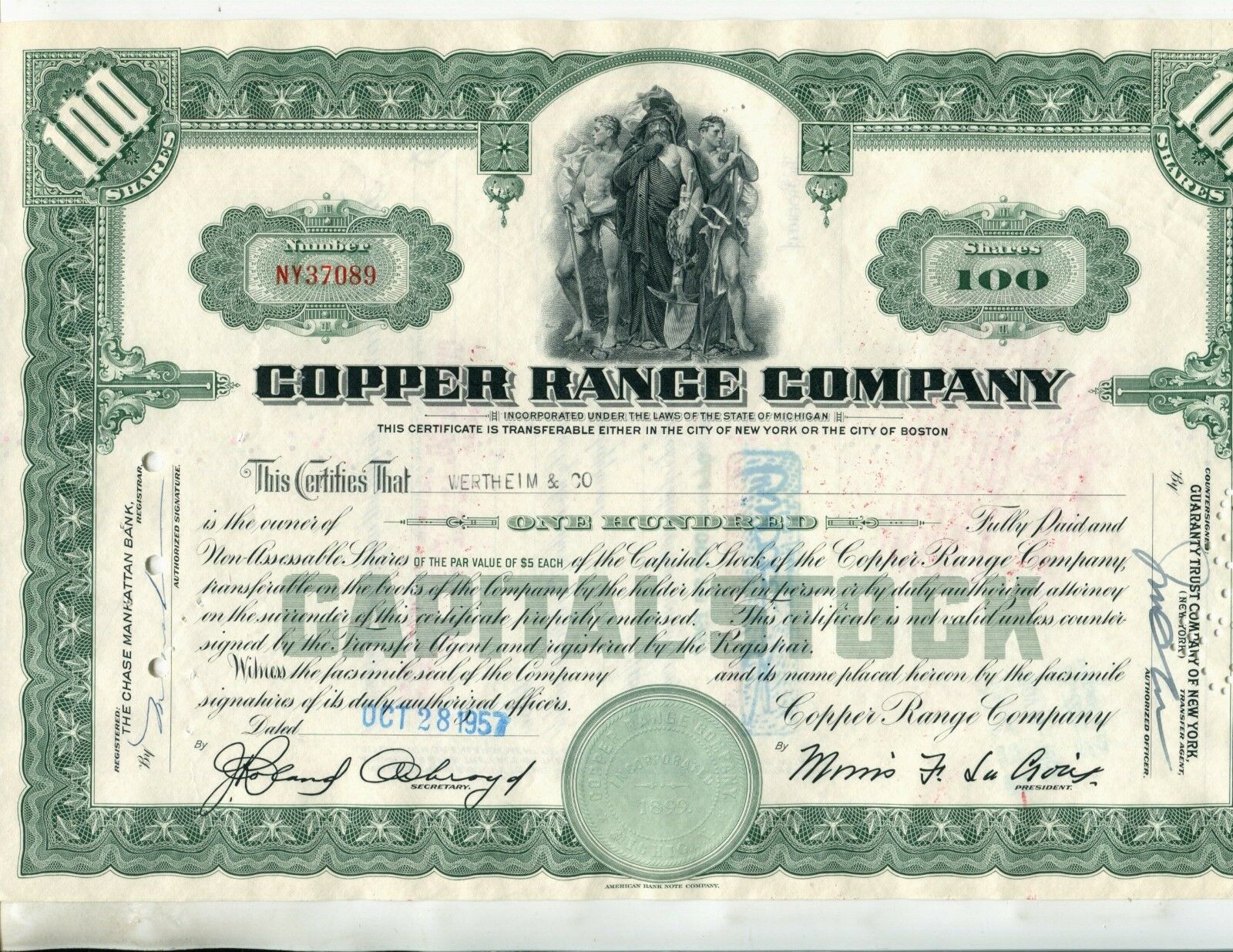 Copper Range  Co. 1957, 100 Shares Stock Certificate, Morris La Croix, President