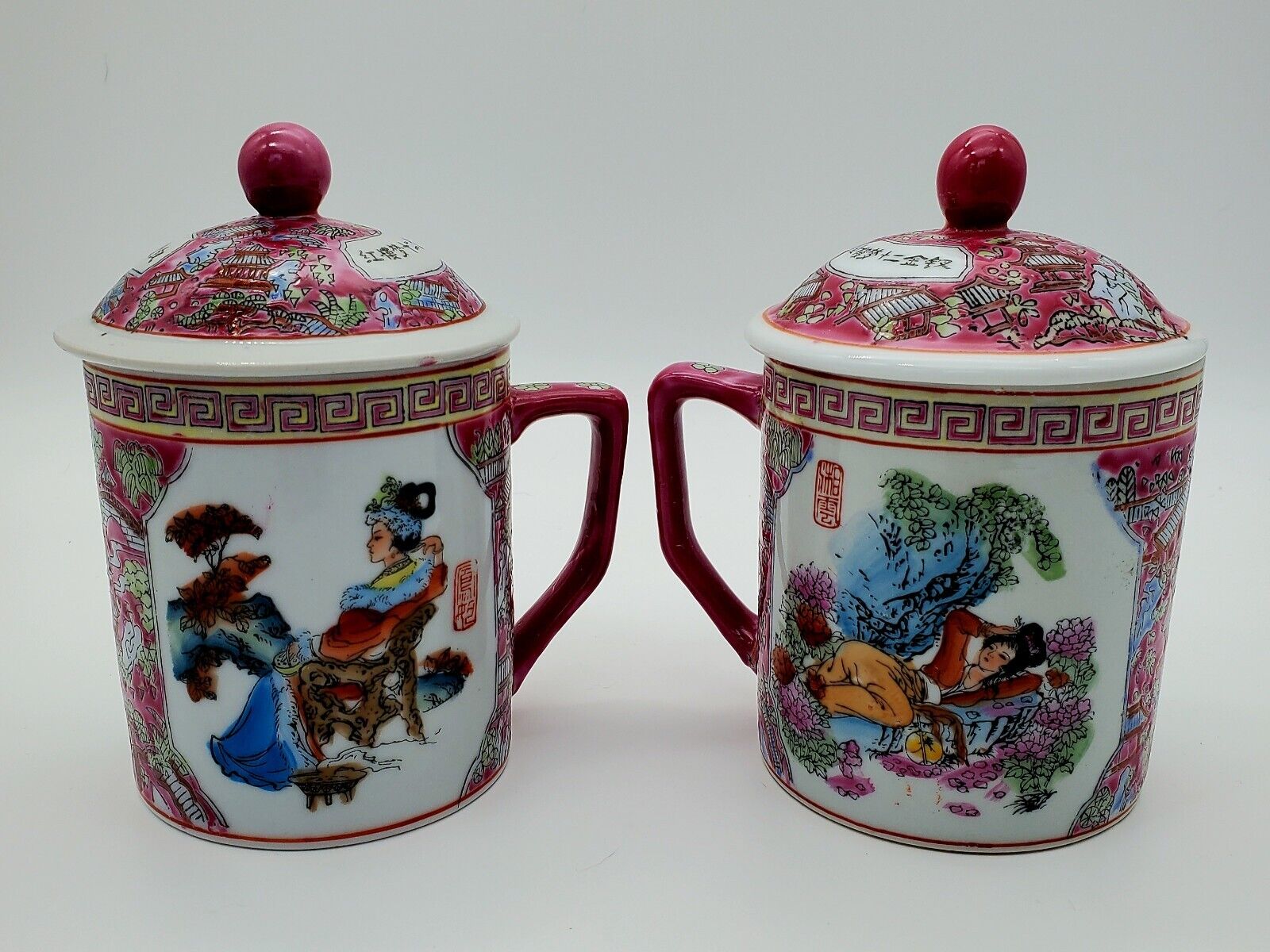 Set Of Two Vintage Chinese Porcelain Lidded Mugs, Ca. 1940