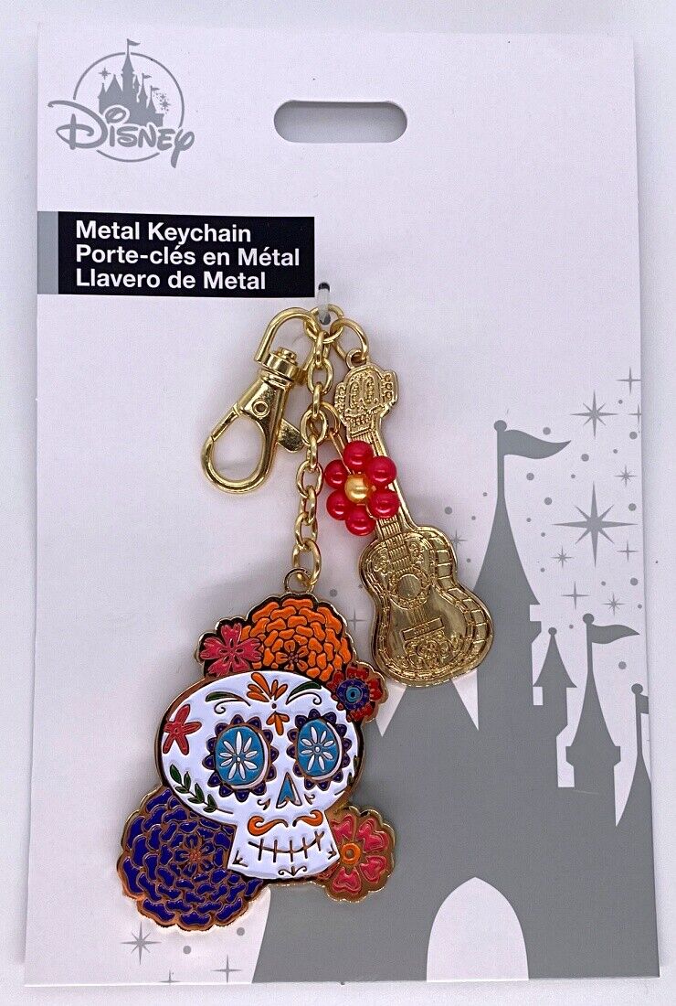 Disney Parks Coco Guitar Skull Calavera Flower Metal Keychain Gold Tone - New
