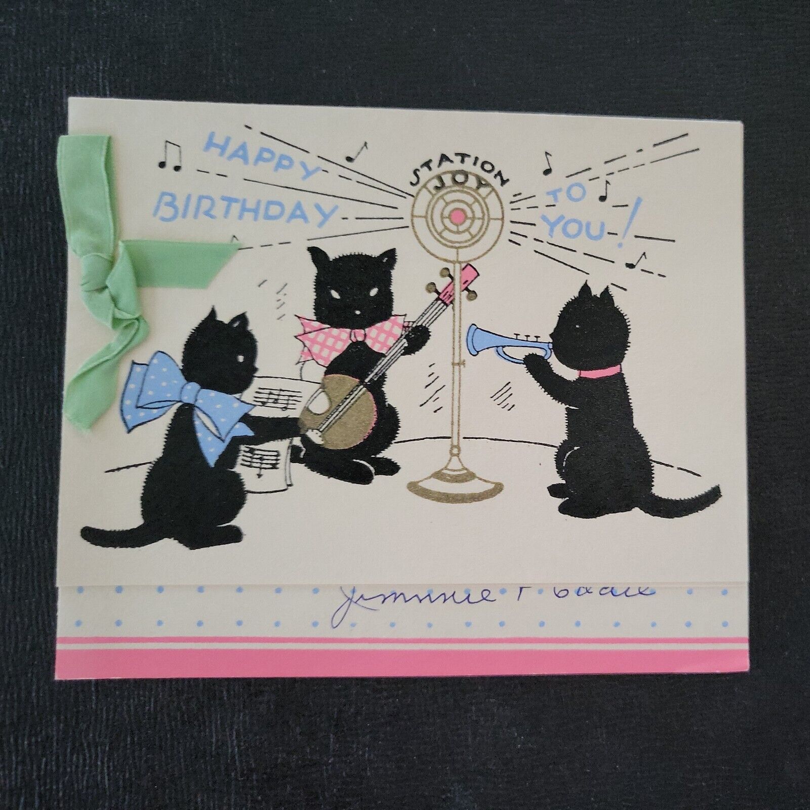Vtg Birthday Greeting Card Muusical Kittens Cats Station Joy Satin Bow 30-40s