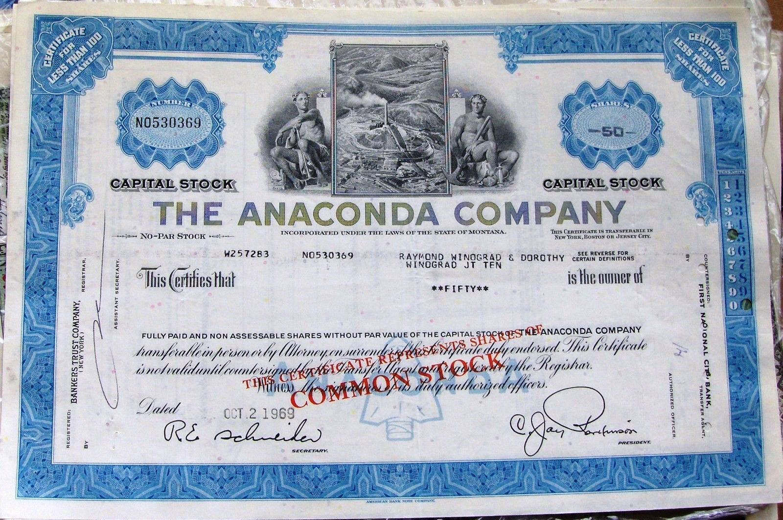 Stock Certificate Anaconda Copper Mining Company. State Of Montana